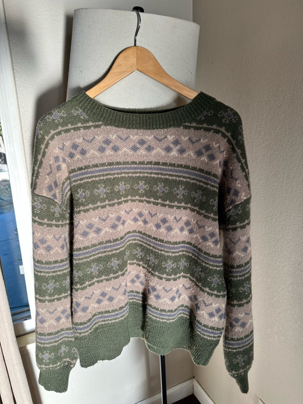 ROMWE Olive & Taupe Fair Isle Crewneck Sweater